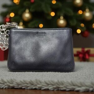 Women's Coach Black Leather Wristlet One Size with Silver Chain